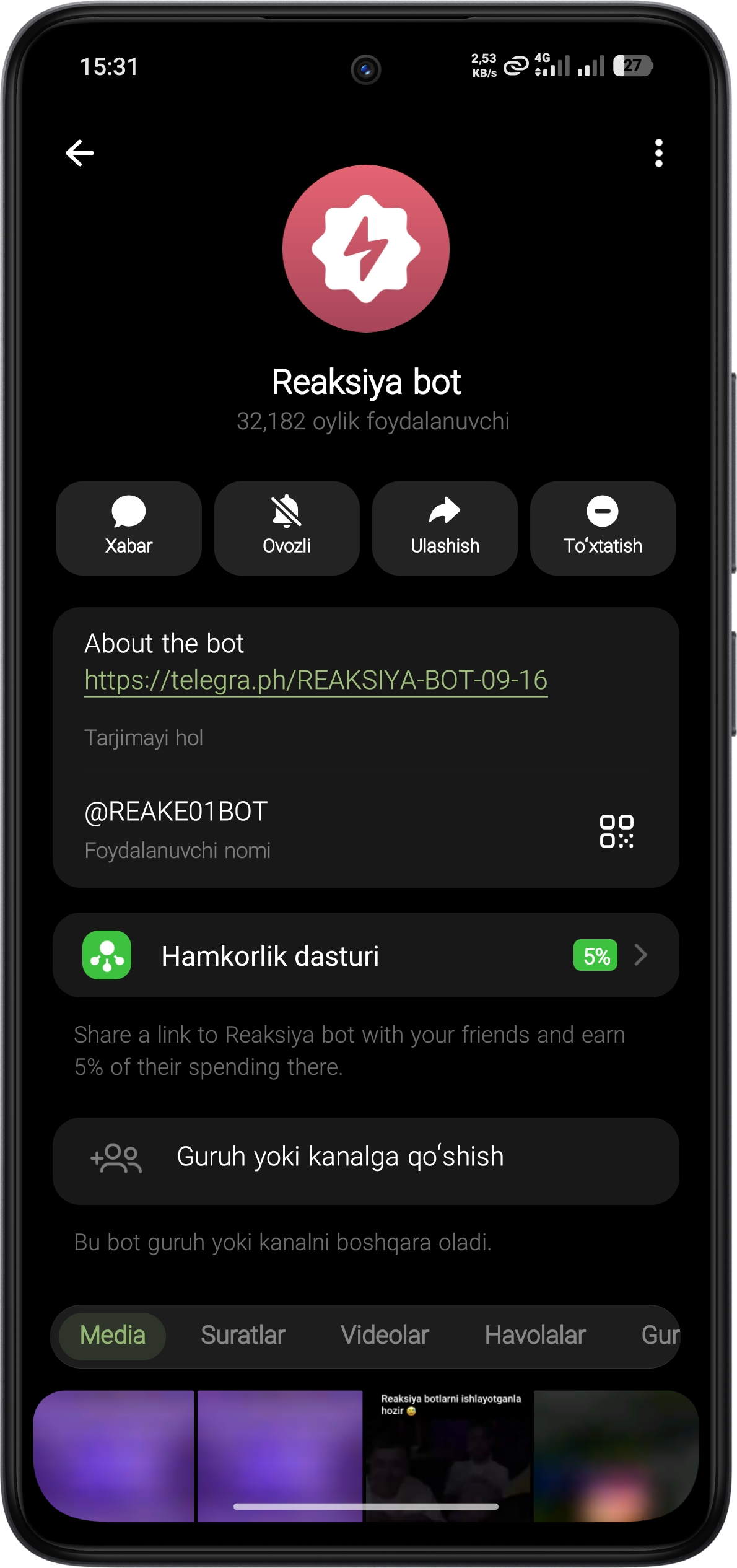 Reaksiya Bot application preview